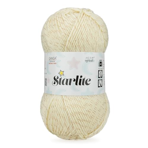 Image of Ganga Acrowools Acrylic Starlite, 99% Anti Pill Yarn 1% Metal, Hand Knitting Yarn Oekotex Class1 Certified (Stl002-Cream), 100 Gram