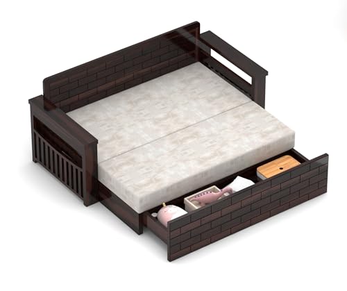 Image of Solid Sheesham Wood Diwan Bed for Living Room & Bedroom | Modern Wooden Sofa Cums Bed with Side Storage Rack | Multipurpose Day Bed for Home Furniture (Walnut Finish)