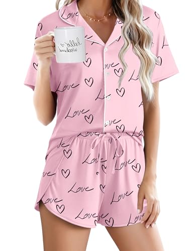 Image of Ekouaer Pajamas for Women Set Button Up Sleepwear 2 Piece Pjs Lounge Set Short Sleeve Nightwear