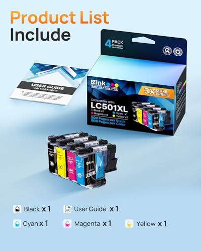 Image of E-Z Ink LC501XL Ink Cartridges High Yield Compatible for Brother LC501XL LC501 Ink Cartridges LC501 XL use for Brother Printer MFC-J1360DW MFC-J1410DW MFC-J1260W (Black Cyan Magenta Yellow, 4Pack)