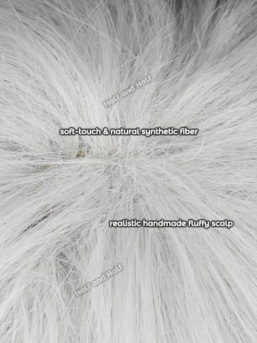 Image of Half and Half Short White Wig for Men Silver White Male Anime Cosplay Wig Light Gray Spiky Layered Wigs with Bangs for Unisex Women Halloween Party Daily Costumes