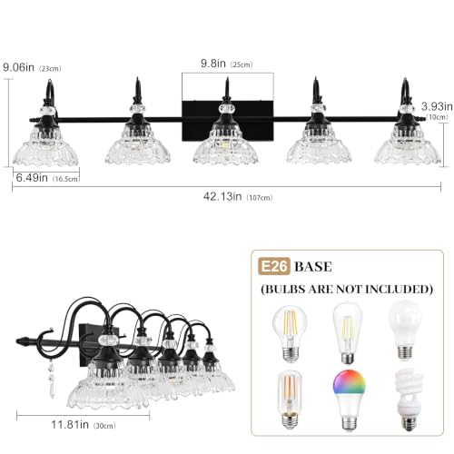 Image of Black Bathroom Vanity Light, 5-Light Matte Black Finish Farmhouse Wall Sconce with Hanging Crystal Accent and Flower-Shaped Clear Glass Shade, Wall Mount Vanity Light Over Mirror for Bathroom