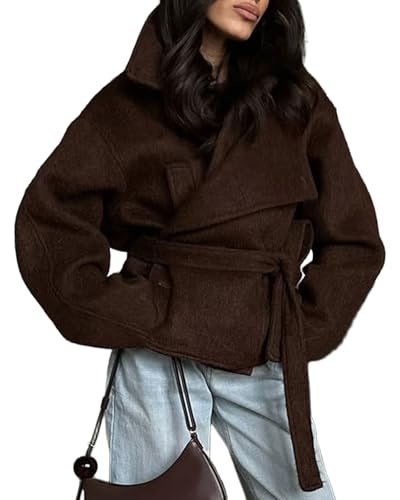 Image of CHARTOU Women Winter Wool Trench Pea Coat Cropped Stand Collar Belted Short Jacket Outwear (Small, Brown)