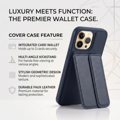 Image of amazon basics Luxury Vegan Leather Back Cover for iPhone 14 Pro | Built-in Card Holder Slot | Integrated Mobile Stand | Slim Shockproof Protective Case with Stitched Finish - Blue
