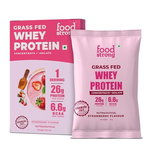 Image of Foodstrong Whey Protein Powder (Concentrate + Isolate), 100% Hormone Free Grass-Fed Whey, 26G Protein & 6.6G BCAA, Strawberry, With Turmeric & Digestive Enzymes, 35G