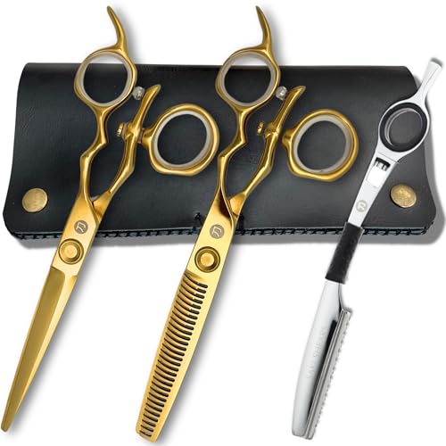 6 Inch Yellow Gold Swivel Hair Shears Set Includes Swivel Cutting Shears and Swivel Thinning Shears - Professional Grade - 440C Stainless Steel