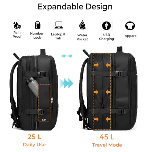 Image of Expandable Travel Backpack 45L, Anti-Theft Number Lock Laptop Bag for Men Women, Waterproof Carry-On Backpack with USB Charging Port, YKK Zippers, Clamshell Opening - Black