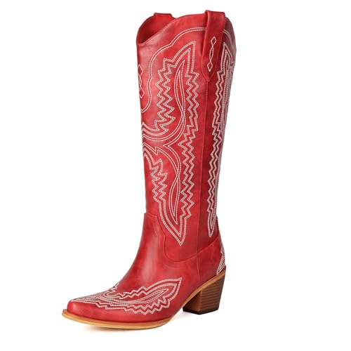 Image of Knee High Cowboy Boots Women Western Embroidered Cowgirl Boot Pointed Toe Chunky Heel Pull On Side Zipper