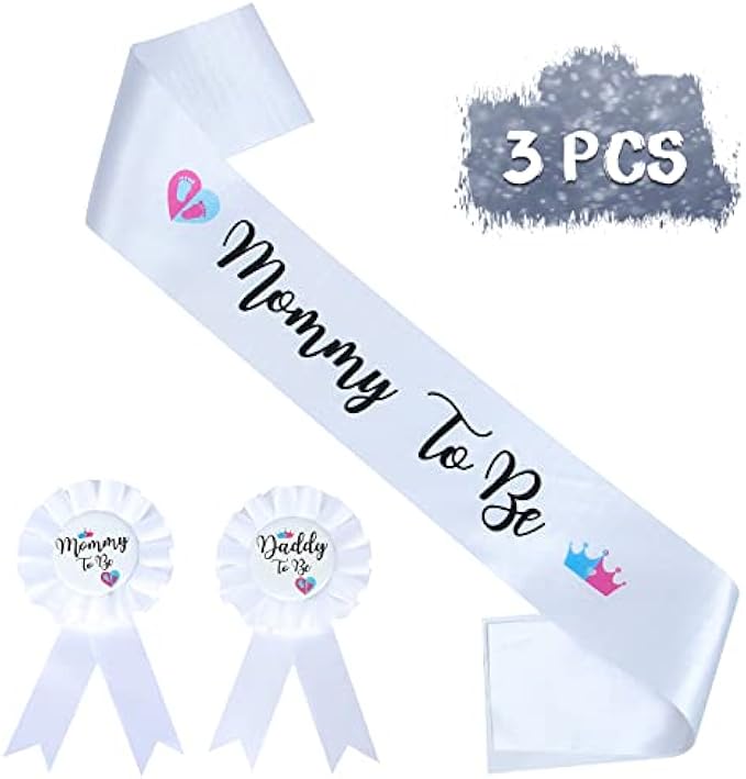HAPPYLAND Gender Reveal Decorations Sash and Tinplate Badge Mommy to Be and Daddy to Be Baby Shower