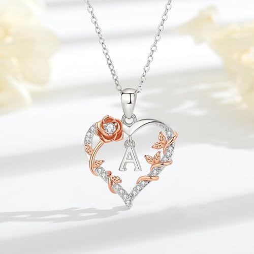 EUDORA Rose Heart Initial Necklace for Women Letter Alphabet Initial Necklaces Copper Rhodium Plated Pendant with Cubic Zirconia, Initials Jewelry Gifts for Women Wife Mother, 18"3