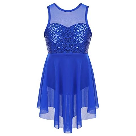 dPois Kids Girls Sequined Irregular Dance Dress Sleeveless Modern Contemporary Lyrical Dancing Skirt Outfits Blue 10 Years Cover