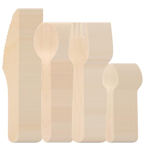 Set de cubiertos de madera desechables 200 piezas,Tenedores, cuchillos, cucharas y cucharillas,Cubiertos ecológicos biodegradables sin plástico para picnic, bodas, eventos, fiestas y camping