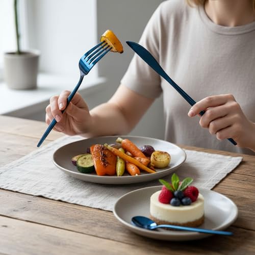 Image of 24 Pcs Blue Slim Handle Stainless Steel Cutlery Set for Dining Table with Spoons and Forks Set + Butterknives - The Perfect Tableware /Flatware