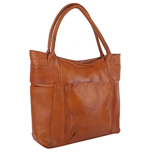 Image of Green Hide Zenya Genuine Leather Ladies Shoulder Side Bag Large Capacity Tan Brown Colour Classic Design Casual Formal Tote Handbag Double Top Handle Hobo Girls Women Purse for Travel Office