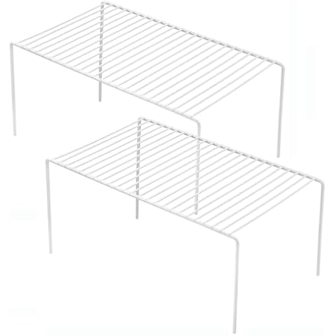 iPEGTOP Set of 2 Kitchen Cupboard Organiser Shelf, Small Size 10.6 x 5.1 Inch Freezer Cabinet Organization Storage Shelf Wire Rack, Steel Metal Shelves for Fridge Pantries Countertops Utensils -White Cover