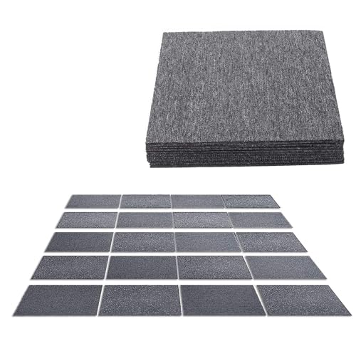 uyoyous Pack of 20 Freely Splice Carpet Tiles with Tapes 50 x 50 cm Heavy Duty Commercial Carpet Repeated Use Non-Slip for Office Bedroom with Bitumen Backing Dark Grey 5㎡