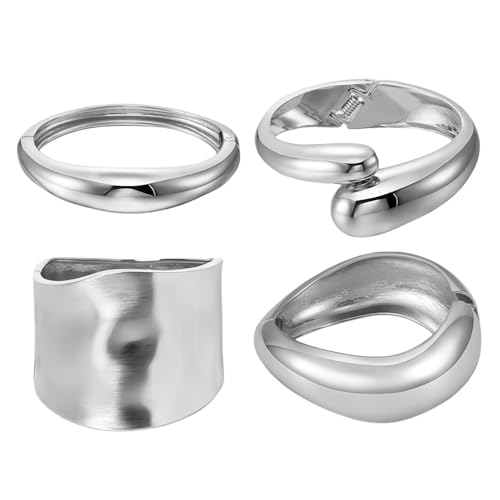 4 Pcs Chunky Silver/Gold Bracelets Set, Silver Chunky Gold Bangles for Women Not Easy to Fade, Irregular Thick Silver Gold Cuff Bracelets for Women, Fashion Arm Chunky Gold Bracelet Stack Bangle