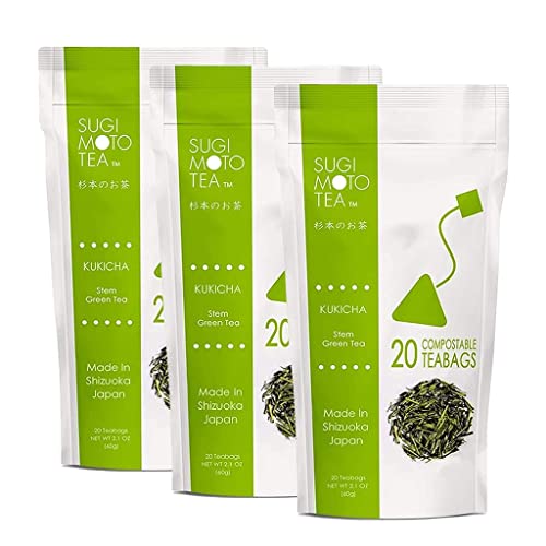 [Sugimoto Tea] Relaxing Kukicha - Authentic Japanese Green Tea, Low-Caffeine Twig Tea, Compostable Pyramid Teabags, Resealable Pouch, Enrich Your Day With Sweet Umami Flavor (20 Teabags X 3 Packs) #TOP26