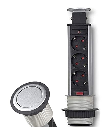 Versenkbare Einbausteckdose (schwarz) mit Kabel/Stecker 3er Schuko Steckdose Tischsteckdose versenkbar Schreibtisch Stromdose Energiestation