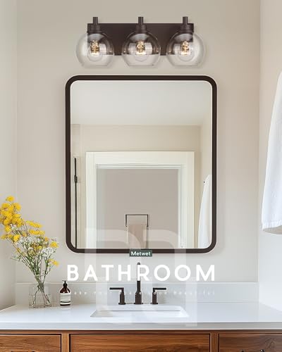 Image of 3-Light Bathroom Vanity Light, Oil Rubbed Bronze, Clear Globe Glass | 18 inch ORB vanity light for 22-28 inches mirrors, clear globe glass shades, E26 base, hardwired, up /down mount, VL195-ORB-3