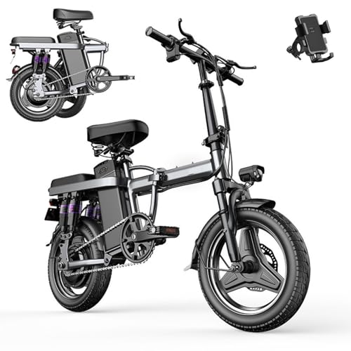 Bicicleta eléctrica plegable de 14 pulgadas, bicicleta eléctrica portátil para adultos con soporte para teléfono, 3 modos de conducción, pantalla LCD, 4 amortiguadores, para conducción diaria