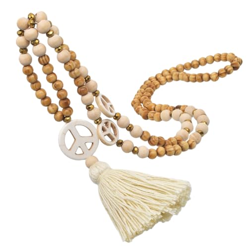 DEARMAMY Halskette Mit Quaste Und Holzperlen Friedenszeichen Anhänger Für Damen Boho Stil Ideal Layering Kette Perfekte Geschenkidee Für Frauen Zarte üßwasserperlen Und Charmante