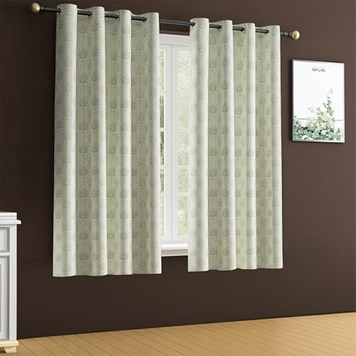 Image of Yellow Weaves 2 Pcs Jacquard Tree Eyelet Window Curtain - Perfect for Home, Office, Bedroom, Living Room & Balcony - 5 Feet (Pastel Green)