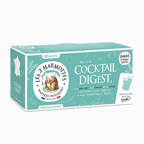 Les 2 Marmottes - Infusion Cocktail Digest 30 sachets - Anis Vert, Fenouil et Sauge - Aide à la Bonne Digestion - Idéal fin de repas - Chaud ou Froid - Made In France - Sans arômes ajoutés - 55g
