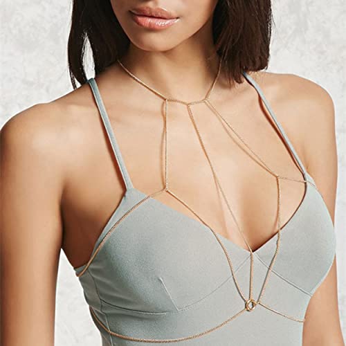 18K Plated Gold Body Chain For Women, Layered Body Chain With Adjustable Neck And Waist, Gold Body Jewelry For Women Sexy Chain Bra, Body Necklace, Belly Chain, Bikini Chain Jewelry Chain Bralette Trendy Jewelry #TOP4