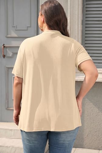 TIANZHU Women's Plus Size Summer Lightweight Short Sleeve Cardigan V Neck Casual Tops with Pockets, Apricot, 3XL — view 5
