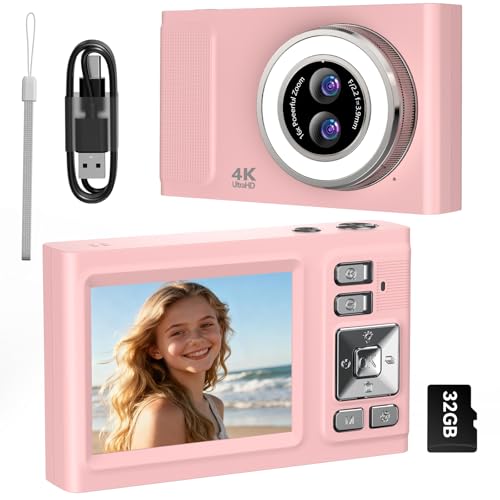2.8'' Digitalkamera 4K, JDZ 48MP Kamera Fotokamera 16X, Digitalkameras 1080P, Kompaktkamera mit 32 GB TF-Karte, Camera Digital, Foto Kamera für Kinder Teenager-Geburtstag, Weihnachten, Rosa
