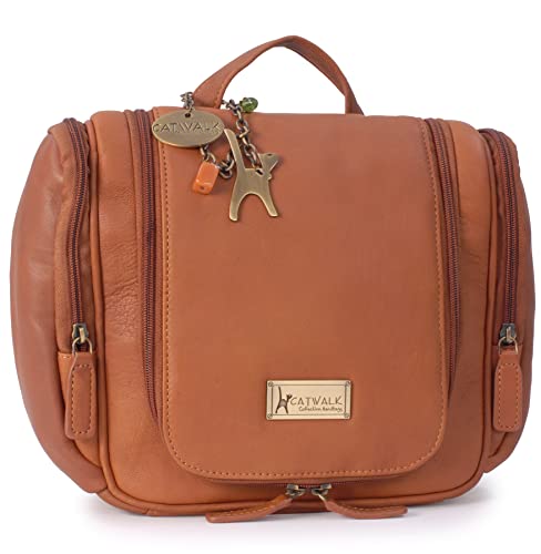 CATWALK COLLECTION HANDBAGS - Cuir Véritable - Sac de Lavage / Trousse de Toilette Voyage / Sac de Toilette / Trousse a Cosmétique / Sac Rangement Maquillage pour Femme - Maisie - Tanne AQ Cover