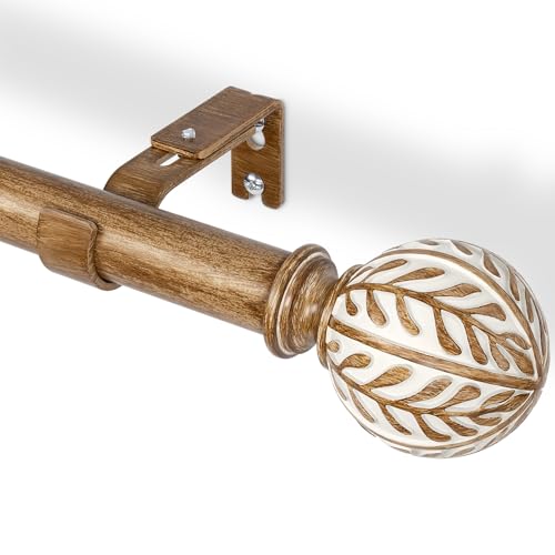 DEFYNEE Tringle à Rideau Extensible 76-305 cm | Tube Métal Ø 25 mm à Effet Bois & Motif Feuille | Montage Mur ou Plafond | Pour Salon & Chambre, Brun Café