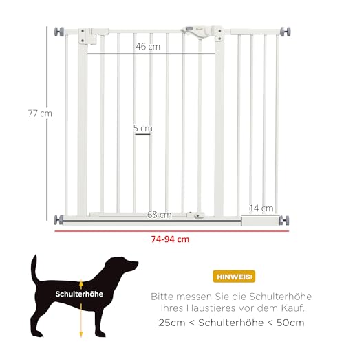 PawHut Türschutzgitter Treppenschutzgitter mit 14 cm Verlängerung Türgitter ohne Bohren mit Auto-Close Treppengitter für Breiten 74-94 cm Beidseitig Schwenkbar Metall Weiß
