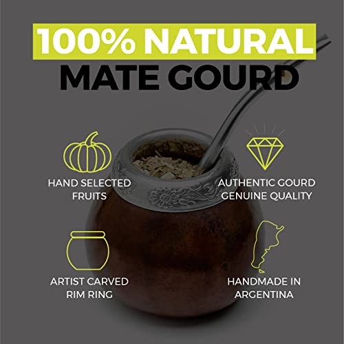 Image of BALIBETOV Yerba Mate Gourd Set - Original Natural Handmade Yerba Mate Cup from Argentina, Includes Mate Tea Cup, Bombilla (Mate Straw) and Cleaning Brush, Traditional Mate Cup Gift Set