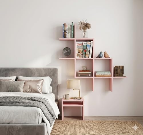 Image of Wooden Wall Shelves for Living Room, Kitchen, Hallway, Bedroom, and Bathroom; Wall Mounted Book Shelf; Wall Shelf for Photos and Decorations; Bend Shelve-Pink