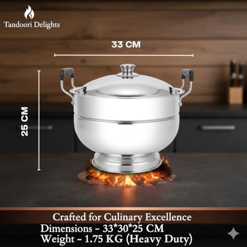 Image of Stainless Steel Bati Cooker & Gas Tandoor | with Multipurpose SS Tong | Multi-Purpose Gas Oven, Dual Riveted Handles | Roasting, Baking, Barbeque Grill | Bati, Pizza, Litti, Paneer Grill Maker