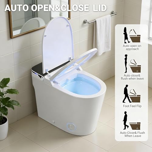 Inodoro inteligente ADA con bidé, tapa automática apertura/cierre, descarga automática, asiento calefactable, agua tibia instantánea, secador de aire cálido, sensor de pie, control remoto miniatura 6