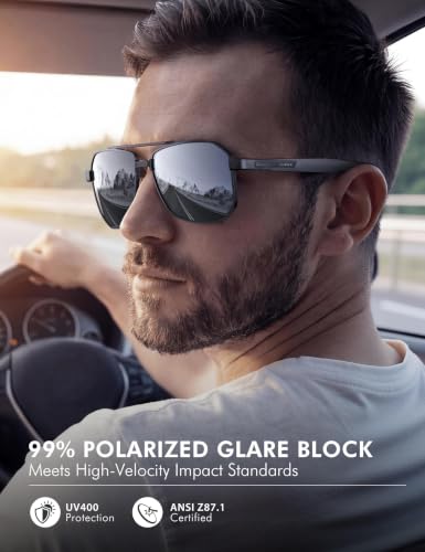 Image of Luenx Aviator Polarized Sunglasses for Men: Square UV400 Driving | Big Head Fit,Adjustable Nose Pads,Lightweight,Anti-slip,Impact-resistant,Scratch-Resistant,Glare Reduction,Gift-Ready Set
