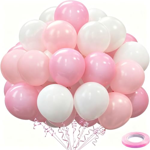 Image of 100pcs Pink and White Balloons 12 Inch w /Ribbon Party Decorations | Pink and White Balloons for Women Girls Birthday Anniversary Wedding Bridal Shower Party Decorations Supplies