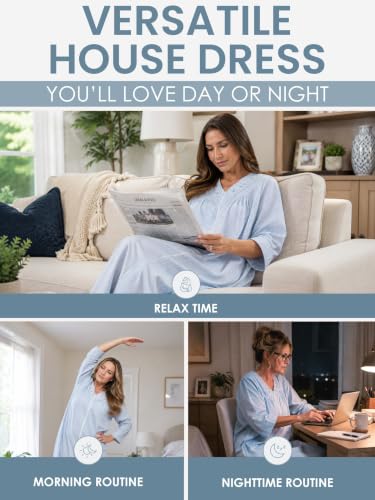Image of Casual Nights Women's Zip Front Woven House Dress | 3 /4 Sleeves Housecoat Long Duster Lounger