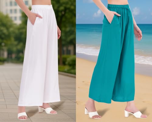 Image of Buy That Trendz Palazzo Pants for Women Rayon Elasticated Regular Fit Flared Wide Leg M to 6XL Pack of 2