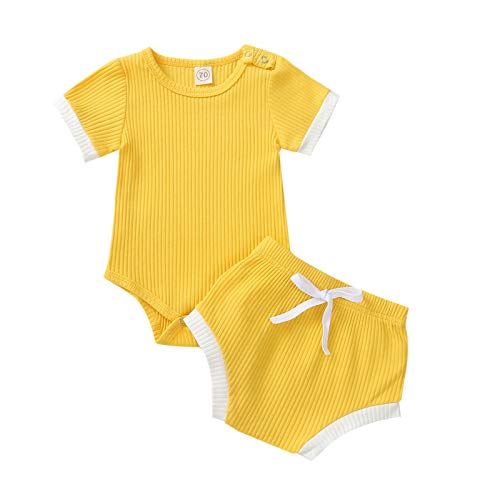 Summer Newborn Baby Boy Girl Clothes Set Ribbed Outfits Unisex Infant Solid Cotton Button Short Sleeve Tops Shorts 2PCS