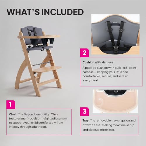 Image of Abiie Beyond Junior Wooden High Chair for Babies and Toddlers - Convertible 3-in-1 Baby Highchair with Removable Tray - 6 Months to 250 Lb - Water Resistant - Natural Wood with Dark Grey Cushion