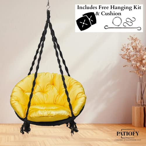 Image of Swing for Balcony /Swing for Adult /Swing for Adults for Home /Jhula for Adults /Swing for Living Room /Jhula for Home /Premium Cotton Round Swing Chair with Large Yellow Sitting Cushion (Black)