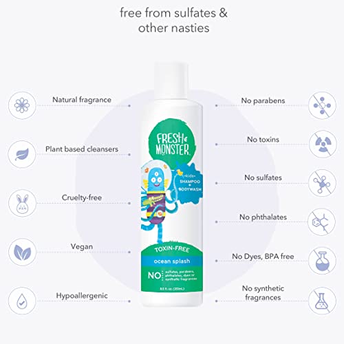 Image of Fresh Monster 2-in-1 Kids Shampoo & Body Wash, Ocean Splash - 8.5oz, Toxin-Free, Hypoallergenic, Natural & PETA Certified Cruelty-Free, Unisex