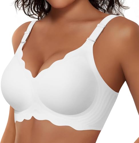 TUNANAN BH Damen ohne bügel, Soft Seamless BH Comfort Push Up Bügelloser Bra, V-Ausschnitt, Gewellte, Nahtloser Tshirt Schlaf BHS, Klassische Sport Bustier Unterwäsche Mit Weicher Stütze, Weiß M