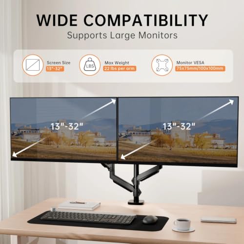 Image of Monitor Arm Mount, Gas Spring Desktop Stand, 13-32 Inch Screen Support, 8kg Capacity Vesa 100x100mm (Dual Monitor Pole ARM)