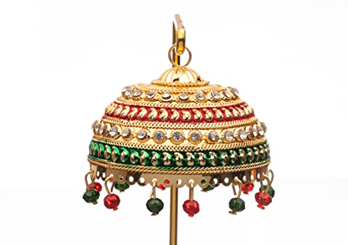 Image of Metal Chhatra with Hanging Crystals - Decorative Umbrella for God Idols, Car Dashboard, Home Temple & Table Decor - Chatri Aasan for Murti (M99)