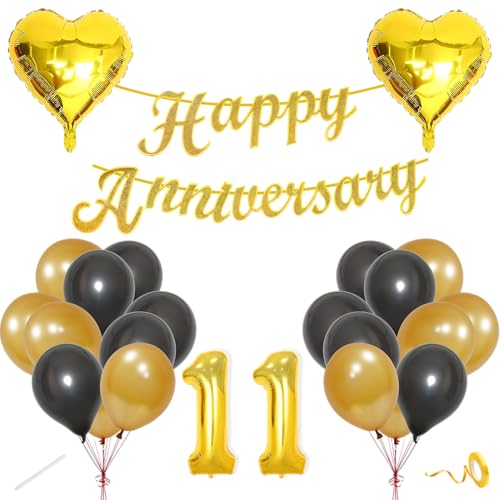 Image of Flyloons 11th Happy Anniversary Decoration Items Gold Black for Men Women Husband Wife Mom Dad Couple Home Bedroom Car With 20 Pcs Metallic Balloons Anniversary Banner 2 Pcs Heart Set Kit Golden